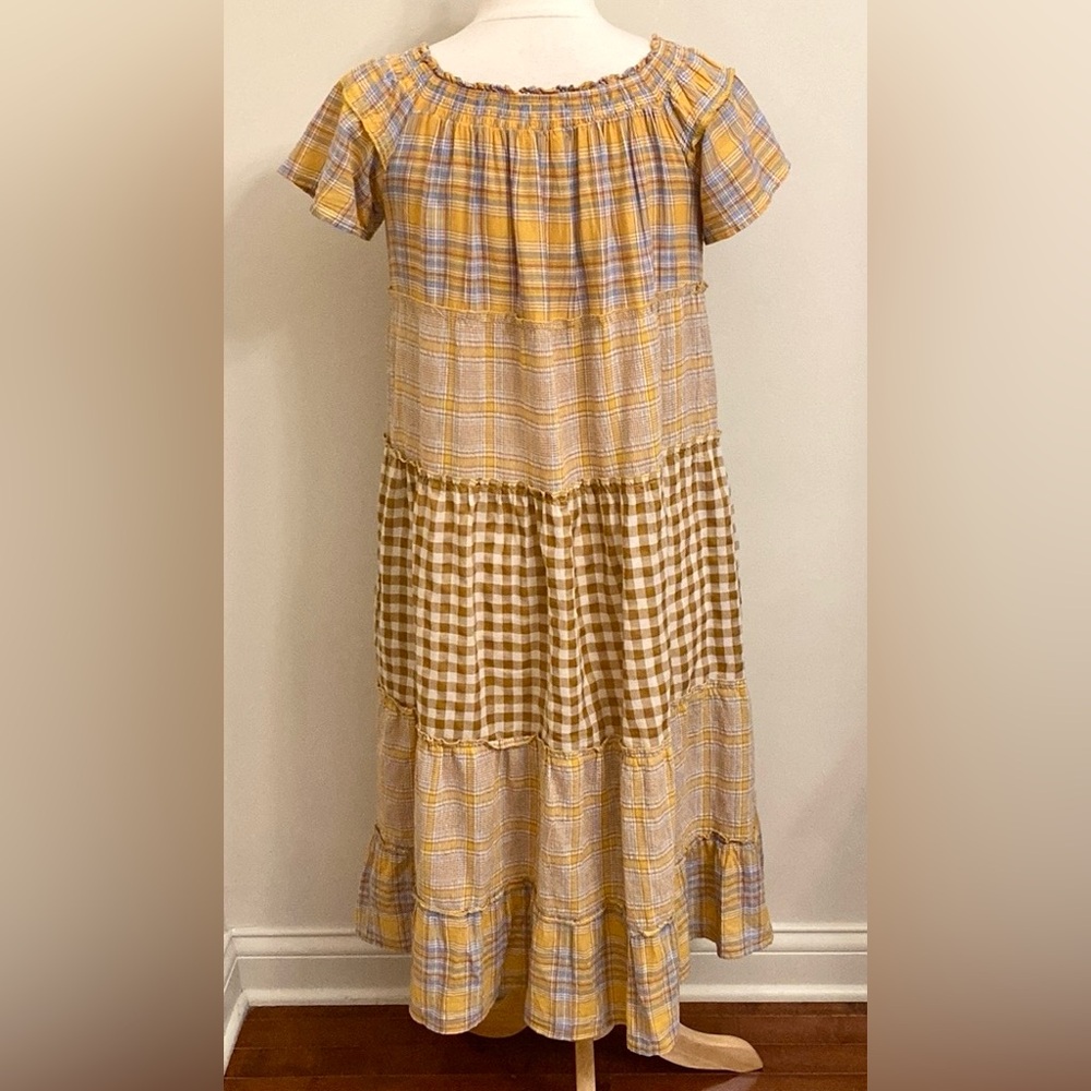 Easel Brown Yellow Blue Plaid Gingham S Country Garden Picnic Cottagecore Dress - Picture 10 of 13